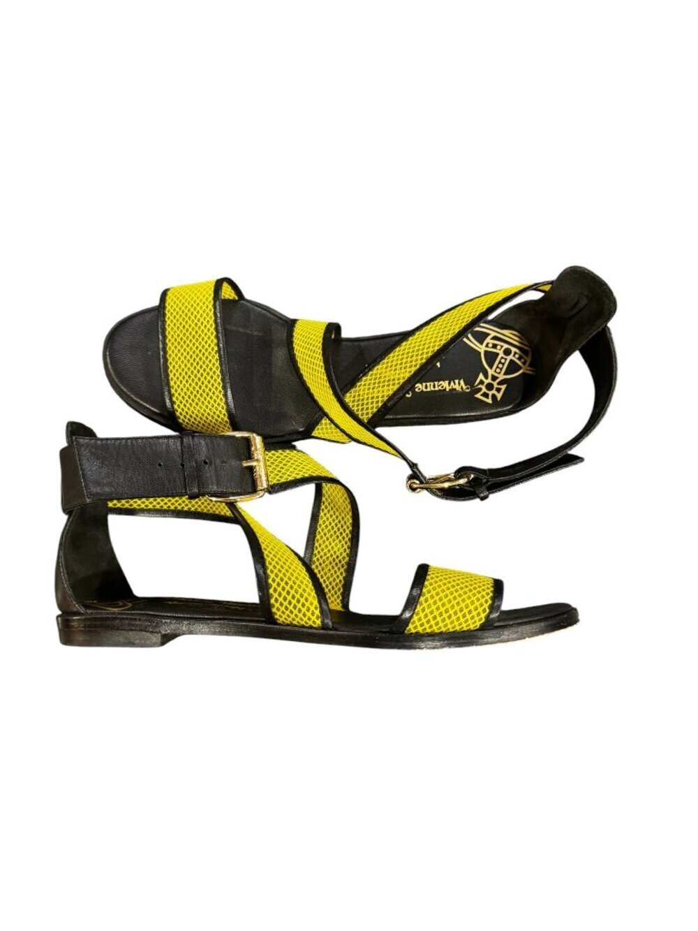 Vivienne Westwood Y2K Mesh Wrap Sandals Black Yellow Fishnet Size US 8